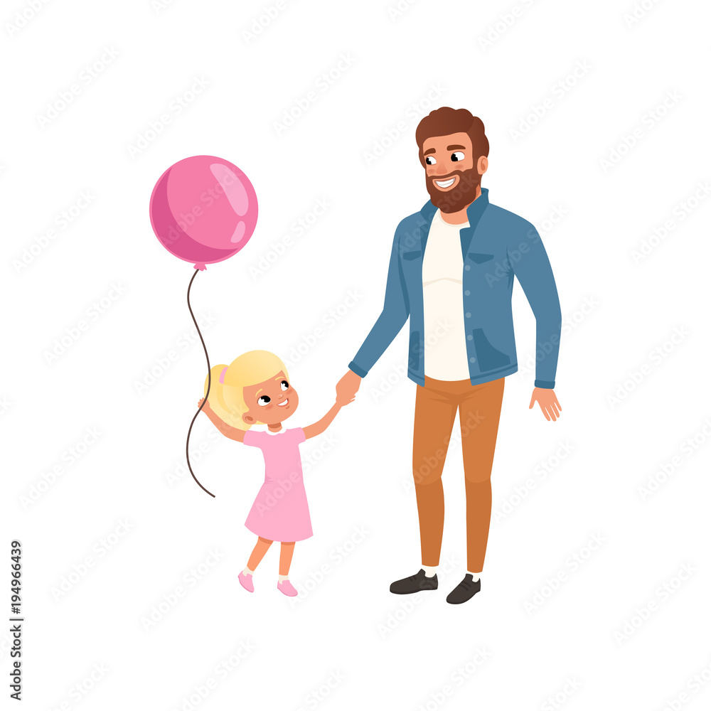 Smiling father and his little daughter with pink balloon, loving daddy and kid spending time together, dad and his child celebrating Fathers Day vector Illustration on a white background Smiling father and his little daughter with pink balloon, loving daddy and kid spending time together, dad and his child celebrating Fathers Day vector Illustration on a white background