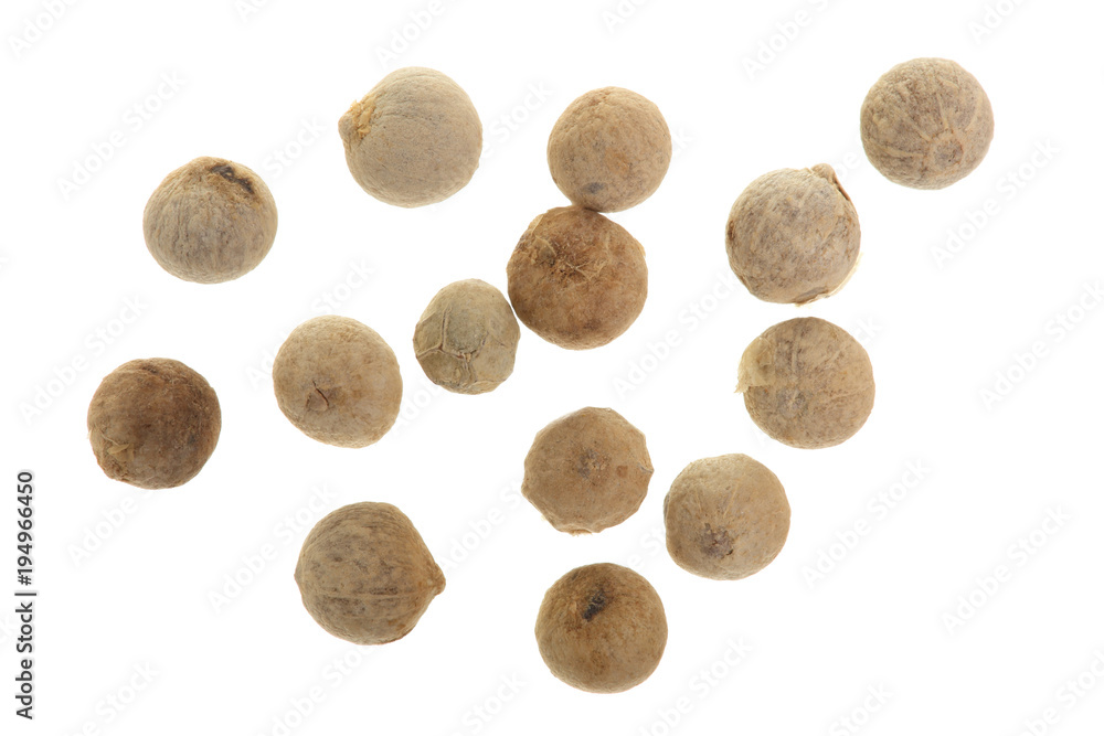 white peppercorns in isolated white background. Top view. Flat lay. Close up white peppercorns in isolated white background. Top view. Flat lay. Close up