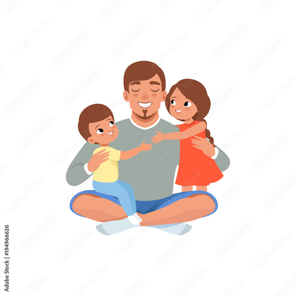 Happy father with his two children , loving dad and kid spending time together vector Illustration on a white background Happy father with his two children , loving dad and kid spending time together vector Illustration on a white background