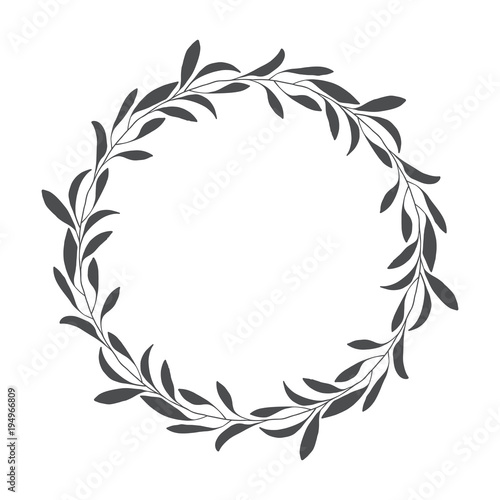 vector hand drawn floral wreath, round frame with leaves, decorative design element, illustration