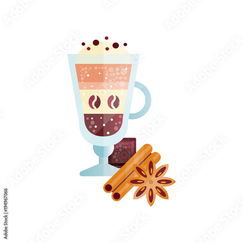 Fragrant coffee drink with whipped cream and spices in glass cup vector Illustration on a white background