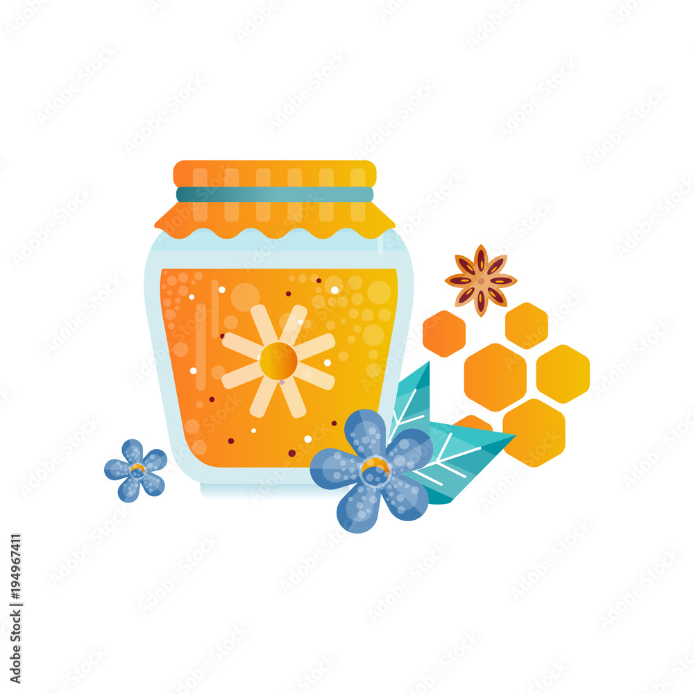 Jar of honey, flowers and spices vector Illustration on a white background Jar of honey, flowers and spices vector Illustration on a white background