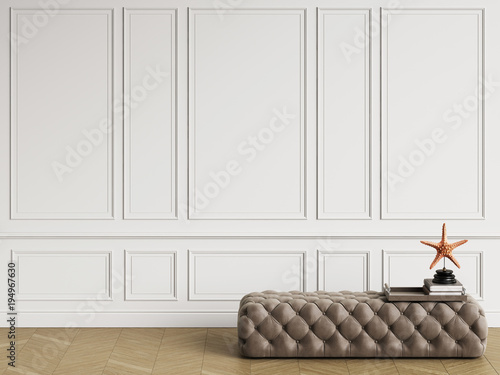 Classic ottoman with decor in classic interior with copy space.White walls with mouldings. Floor parquet herringbone.Digital Illustration.3d rendering