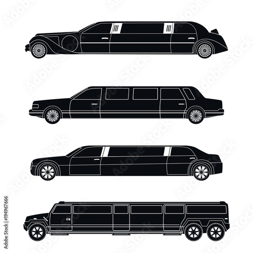 Four different silhouettes of limousines isolated on a light background. Vector illustration.