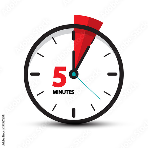 Five Minutes Clock Icon Isolated on White Background. 5 Minutes Vector Time Symbol.