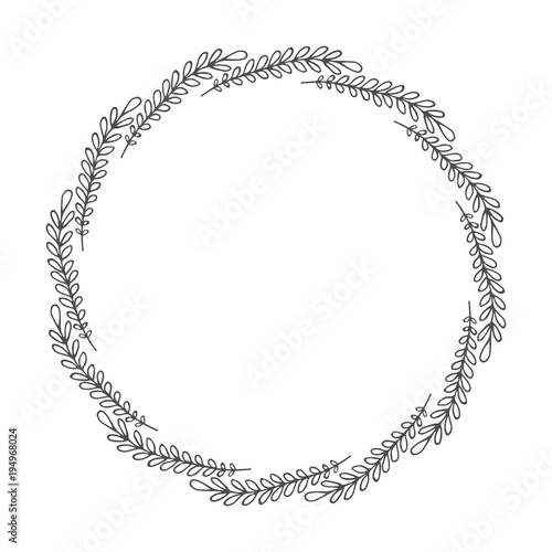 vector hand drawn floral wreath, round frame with leaves, decorative design element, illustration
