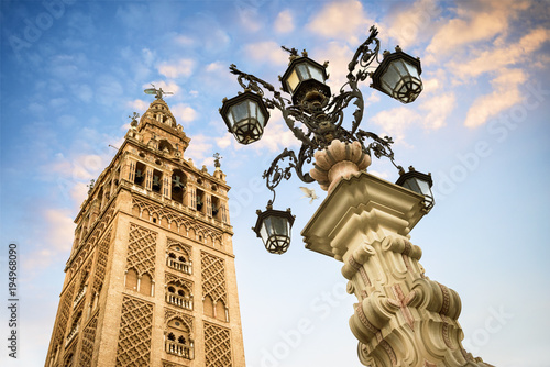 The Giralda, bell tower of the Cathedral of Seville in Seville, Andalusia, Spain