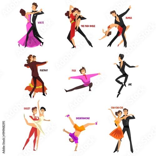 Professional dancer people dancing, young man and woman dressed in elegant clothing performing dances vector Illustrations on a white background