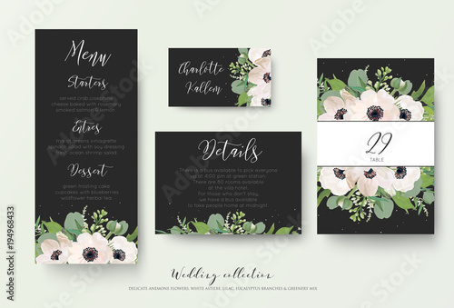 Wedding menu, details information, escort place card table number design with watercolor light pink anemone flowers, eucalyptus leaves, white lilac flowers, greenery decoration on dark grey background