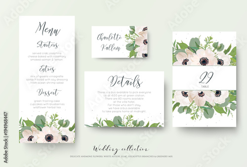 Wedding menu, details, information, escort place card, table number design with watercolor style light pink anemone flowers, eucalyptus leaves, white lilac flowers, greenery decoration. Romantic set