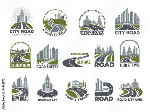 Monochrome big set of logotypes template with asphalt roads, expressway or highway