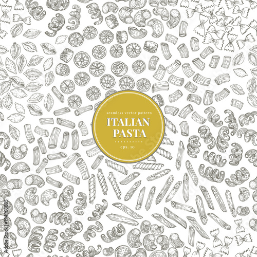 Seamless vector pattern with different types of traditional Italian pasta. Hand drawn vector illustration. Can be use for menu or packaging design. Italian cuisine banner template.