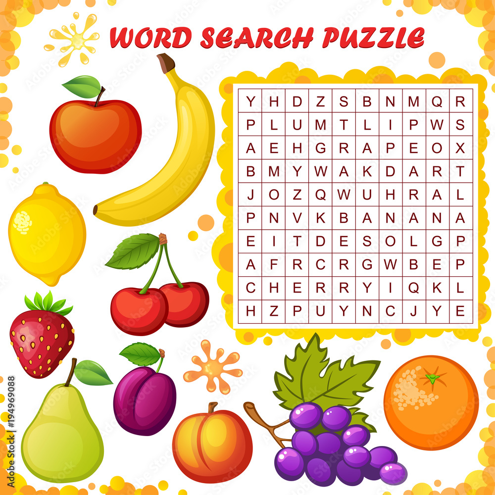 Word Search Puzzle Vector Education Game For Children Fruits Stock Word Search Puzzle Vector Education Game For Children Fruits Stock