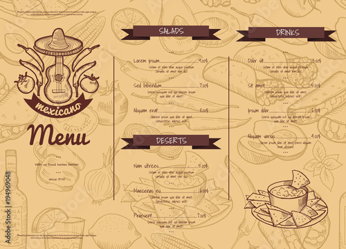 Vector horizontal restaurant or cafe template with sketched mexican food elements