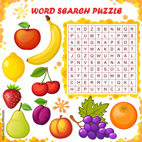 Word search puzzle. Vector education game for children. Fruits