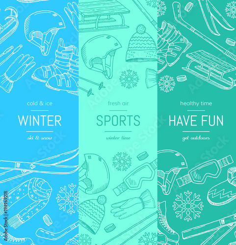 Vector hand drawn winter sports equipment and attributes vertical banner templates