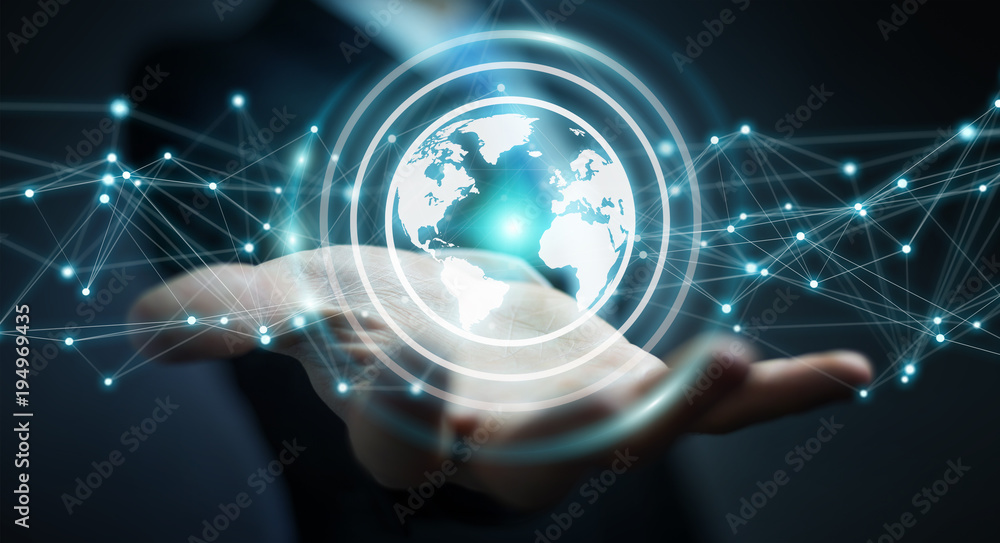 Businessman using planet earth network sphere 3D rendering Businessman using planet earth network sphere 3D rendering