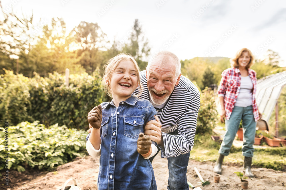 Φωτογραφία Senior couple with granddaughter gardening in the backyard garden