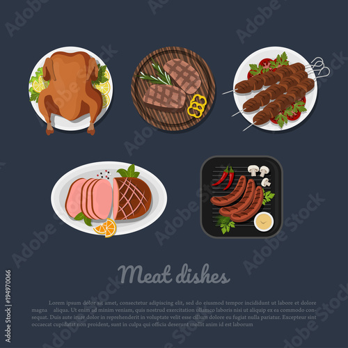 Icons of meat dishes on a plate in cartoon style. Top view. Restaurant menu. Grilled food. Vector illustration