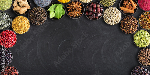 Fototapeta Naklejka Na Ścianę i Meble -  set of spices on  black table with empty space for text. Colorful seasoning against  background of blackboard