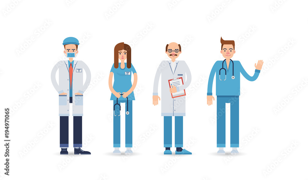 Set of icons showing medical workers in different hospital uniform isolated on white. Set of icons showing medical workers in different hospital uniform isolated on white.