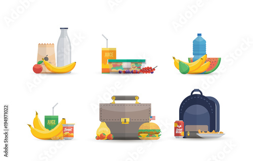 Icon setting of assorted breakfast and lunch meals isolated on white background. 