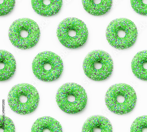 Collage of green doughnuts in glaze on a white background. Lots of donuts mosaic, a tasty fresh green donut drizzled with glaze