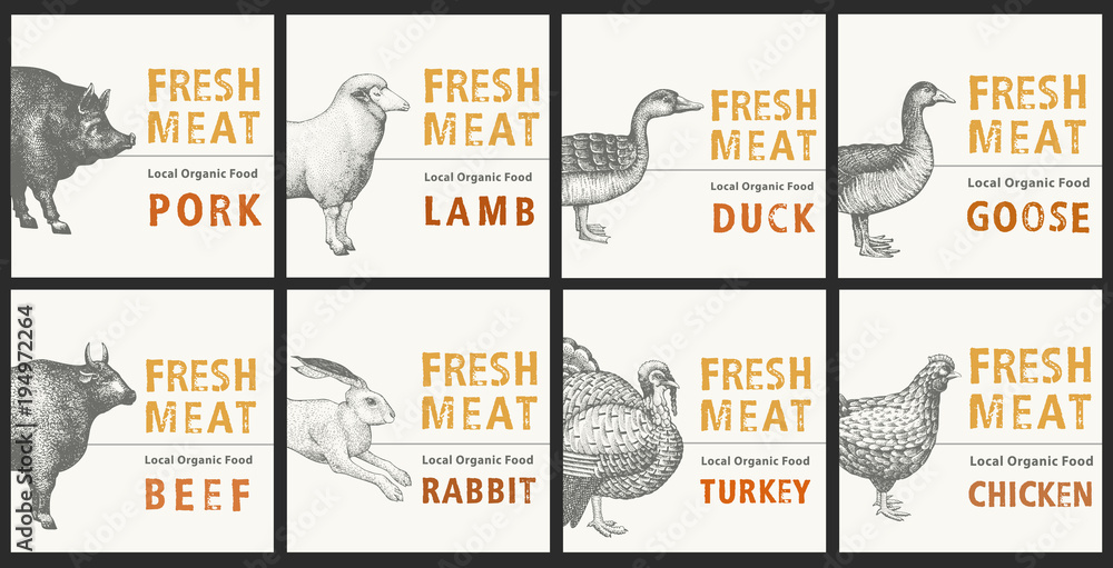 Labels with farm animals. Set templates price tags for shops and markets of organic food. Vector retro illustration art. Hand drawn animals.