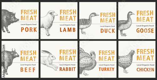 Labels with farm animals. Set templates price tags for shops and markets of organic food. Vector retro illustration art. Hand drawn animals.