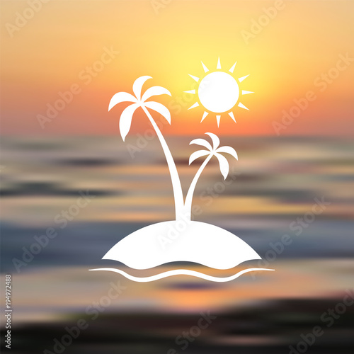 Enjoy the summer. Vector illustration with sun, sea, palm tree and sunset.