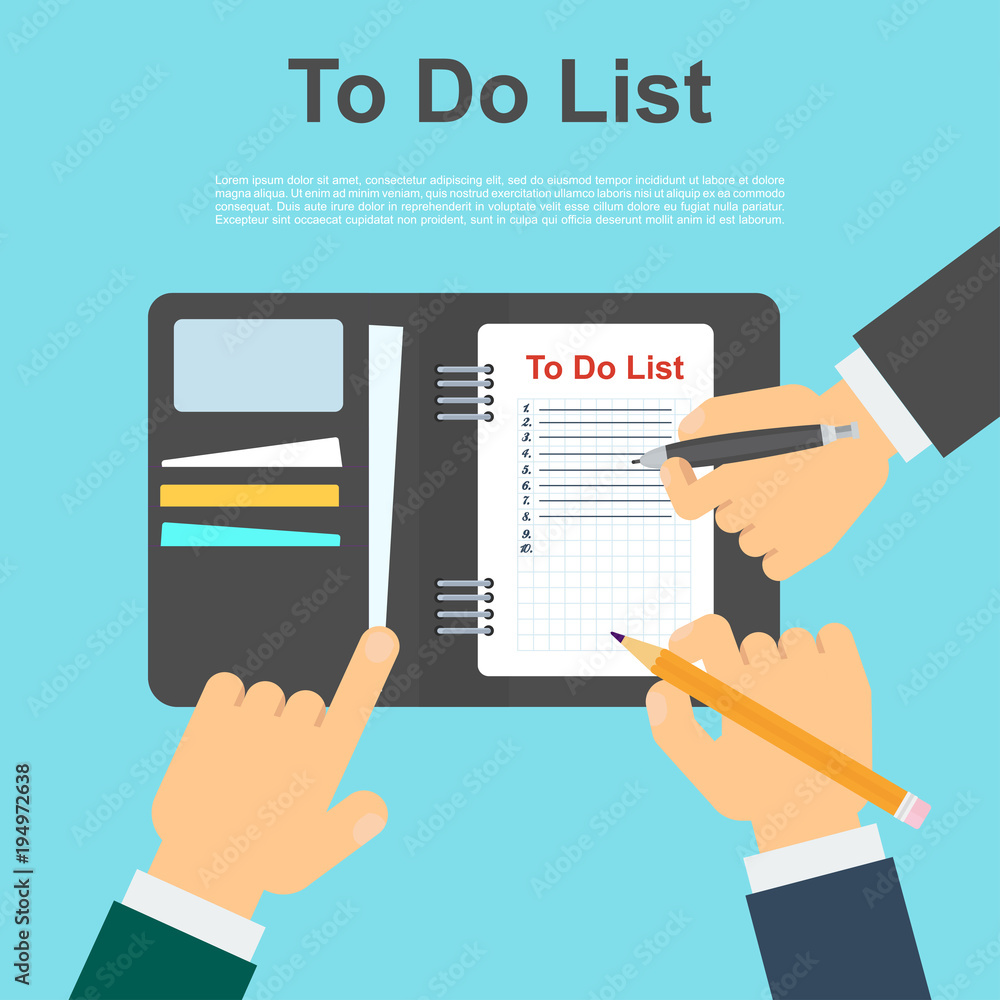 To do list concept. Hands of businessman mark fulfillment of tasks. Daily routine and planning, time management flat vector cartoon illustration. Objects isolated on background. To do list concept. Hands of businessman mark fulfillment of tasks. Daily routine and planning, time management flat vector cartoon illustration. Objects isolated on background.