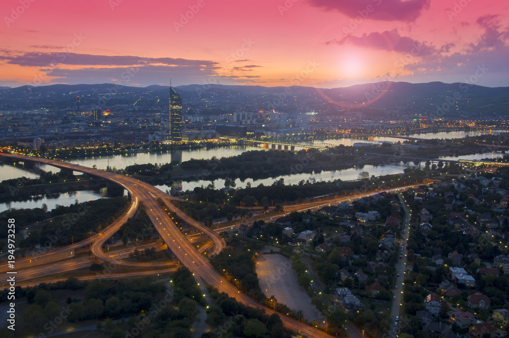 sunset in Vienna city, aerial view. Austria
