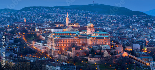 Bild auf Leinwand Royal castle in Budapest night panorama