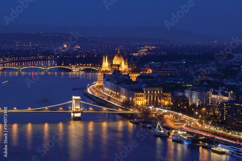Danube river and Pest riverbank of Budapest with Chain bridge and Parliament