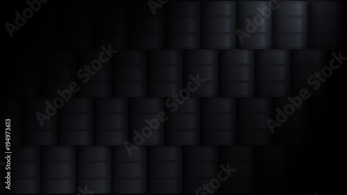 black background oil barrels wall 3d illustration