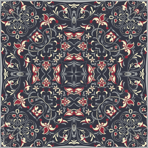 Square arabic pattern for the silk scarf, scarf, printing factory, carpet. Abstract pattern red and gray color. Vector illustration.