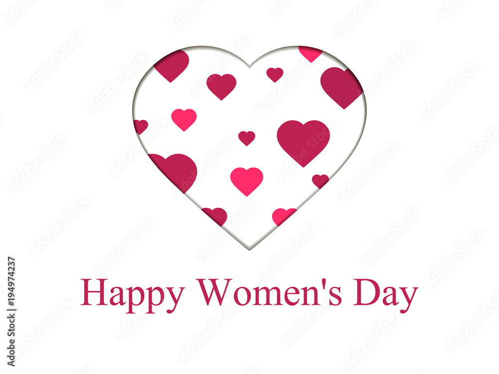 Happy women day, 8 march. Mother's day. Greeting card with paper cut hearts, banner and poster. Typography design. Vector illustration