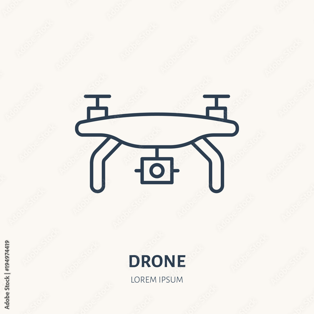 Drone flat line icon. Aerial survey device sign. Thin linear logo for photo equipment store. Drone flat line icon. Aerial survey device sign. Thin linear logo for photo equipment store.