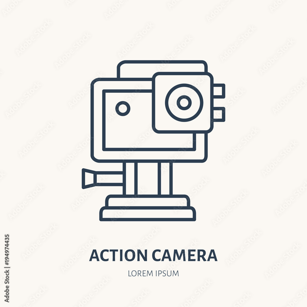 Fototapeta premium Action camera flat line icon. Extreme photography device sign. Thin linear logo for photo equipment store.