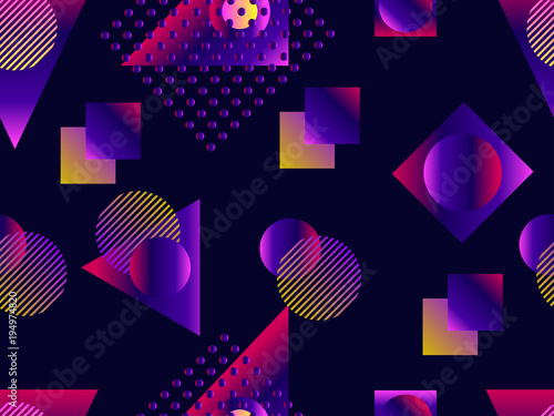 Memphis seamless pattern. Holographic geometric shapes, gradients, retro style of the 80s. Memphis design background. Vector illustration