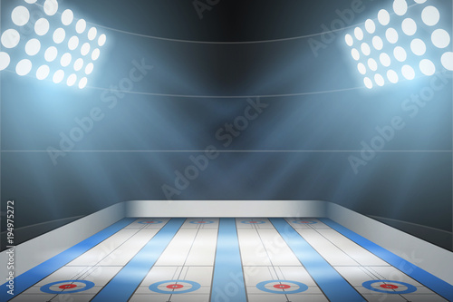 Obraz na plátně Horizontal Background of curling ice arena in the spotlight