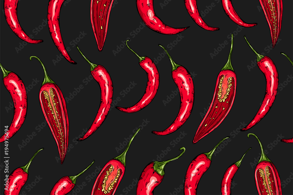 Seamless hand drawn pattern with mexican hot pepper chili and halves arranged in rows. Natural background for textiles, banner, wrapping paper and other and designs. Vector illustration. Seamless hand drawn pattern with mexican hot pepper chili and halves arranged in rows. Natural background for textiles, banner, wrapping paper and other and designs. Vector illustration.