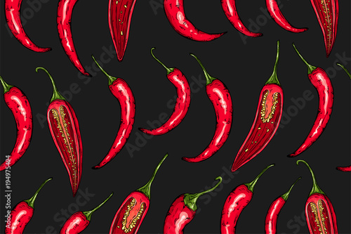 Seamless hand drawn pattern with mexican hot pepper chili and halves arranged in rows. Natural background for textiles, banner, wrapping paper and other and designs. Vector illustration.