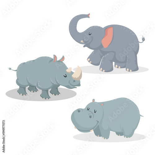 Cartoon trendy style big african animals set. Elephant, rhino and hippo. Closed eyes and cheerful mascots. Vector wildlife illustrations.