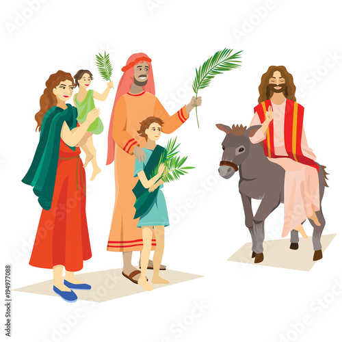 religion holiday palm sunday before easter, celebration of the entrance of Jesus into Jerusalem, happy people with palmtree leaves vector illustration, man Rides Donkey, family greetings Christ