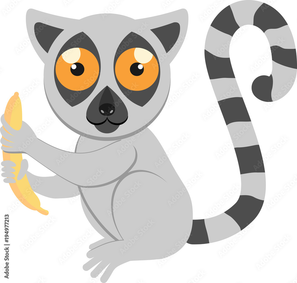 Obraz premium Cartoon funny sitting lemur with a banana. African animals. Geometric style. Flat illustration