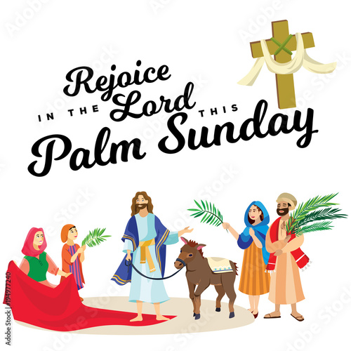 religion holiday palm sunday before easter, celebration of the entrance of Jesus into Jerusalem, happy people with palmtree leaves vector illustration, man Rides Donkey, family greetings Christ