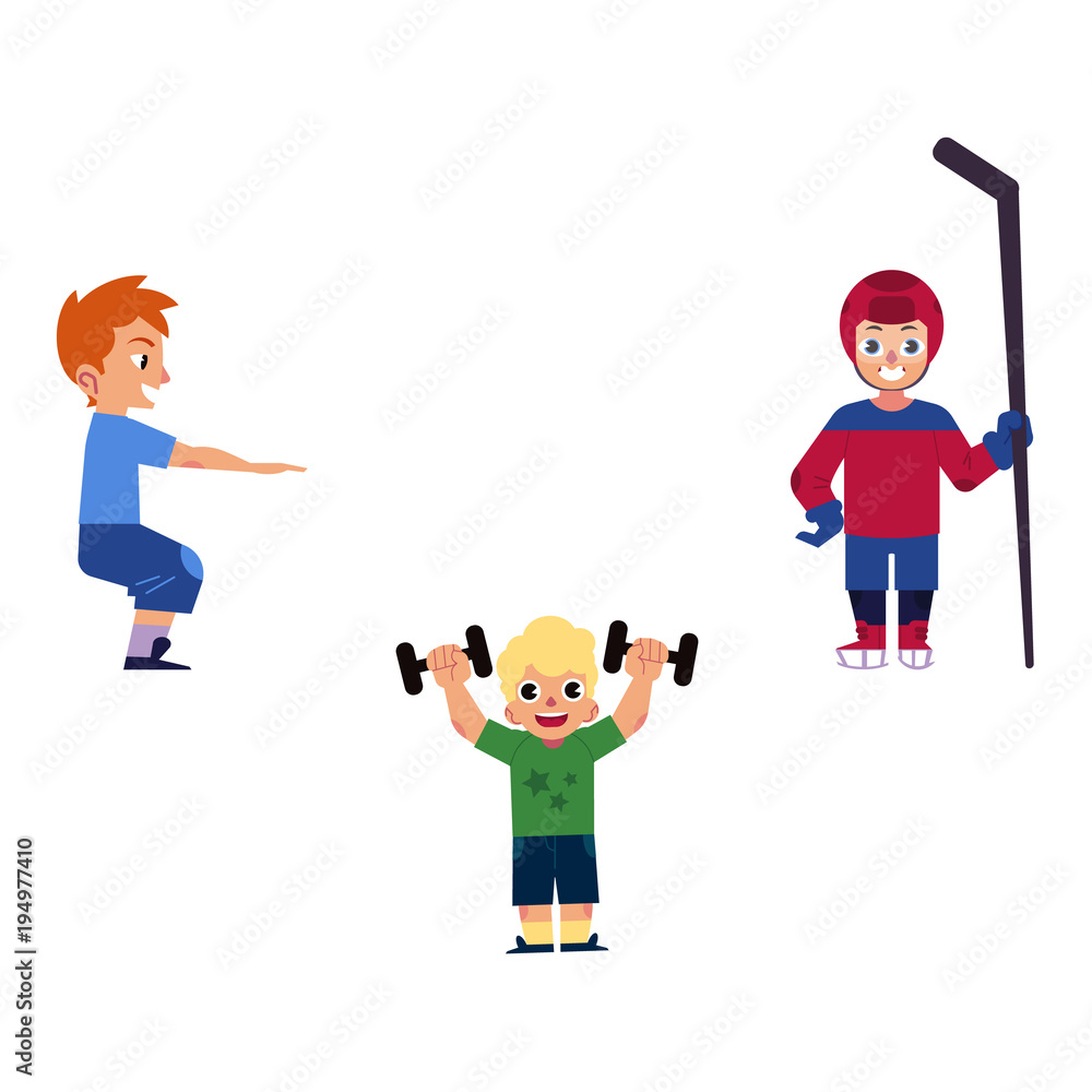 Vector flat young kid boys doing sports set. Male characters doing squat, dumbbells exercises and playing hockey in protective equipment. Isolated background illustration