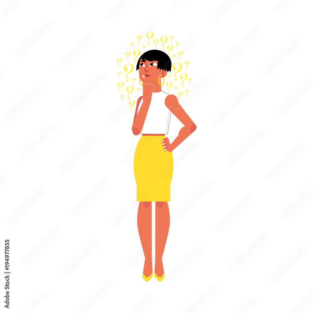 Vector flat young cute caucasian adult woman in yellow skirt. Beautiful character standing thoughtful pose holding chin thinking with questions above head. Isolated background illustration Vector flat young cute caucasian adult woman in yellow skirt. Beautiful character standing thoughtful pose holding chin thinking with questions above head. Isolated background illustration