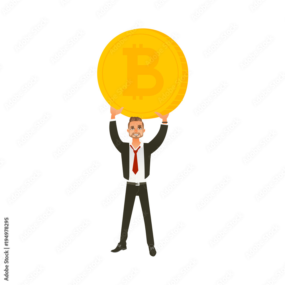 Man, businessman in business suit holding a giant coin with BTC symbol, flat cartoon vector illustration isolated on white background. Full length portrait of businessman holding a giant bitcoin Man, businessman in business suit holding a giant coin with BTC symbol, flat cartoon vector illustration isolated on white background. Full length portrait of businessman holding a giant bitcoin